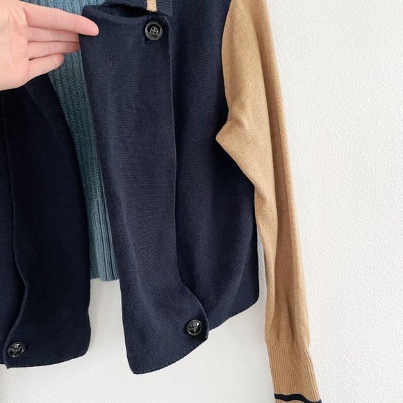 Cabi Turn Back Cardigan Sweater Open Front Medium Academia Navy Tan Chunky Knit - Picture 6 of 16
